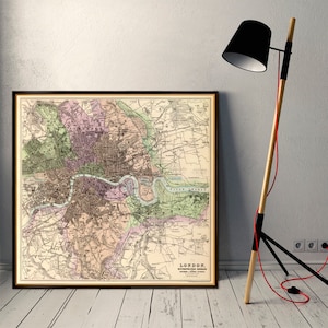 Mapa de Londres - Mapa antiguo de Londres restaurado - Mapa vintage de Londres - Mapa de la ciudad antigua impreso en lienzo o papel