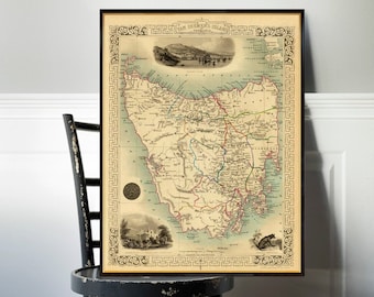 Vintage map of Tasmania  (Australia) - Van Diemen's Island poster, wall art print, Hobart Harbor illustration