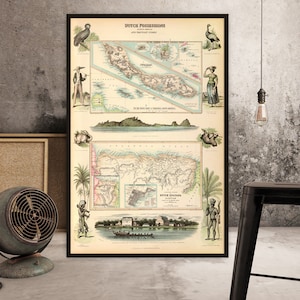 Illustrierte Landkarte von Curacao und Guyana - Bildhafte alte Landkarte, Archivdruck auf Papier oder Leinwand