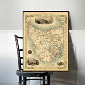 Mapa vintage de Tasmania (Australia) - Cartel de la isla de Van Diemen, impresión de arte mural, ilustración del puerto de Hobart