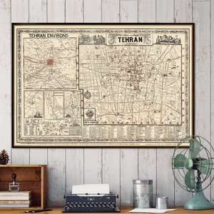 Mapa de Teerã - mapa vintage de Teerã em letras miúdas, disponível em tela ou papel
