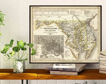 Maryland old map, Delaware map - Historical map restored, large map print on paper or canvas