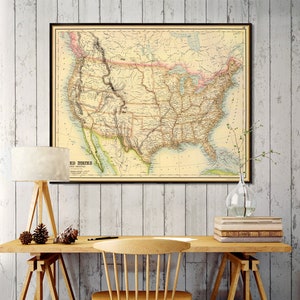 Carte des États-Unis - Impression giclée d'archives - Carte des États-Unis - Impression fine - Carte murale, disponible sur toile ou papier