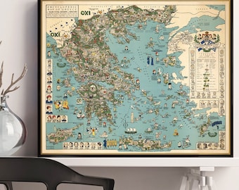 Old map of Greece - Pictorial map of Greece - Bilingual map in Greek and English -Large map available on paper or canvas