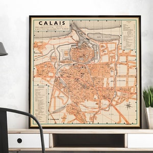Plattegrond van Calais - Vintage stadsplattegrond van Calais uit 1950, vintage restauratiedecor