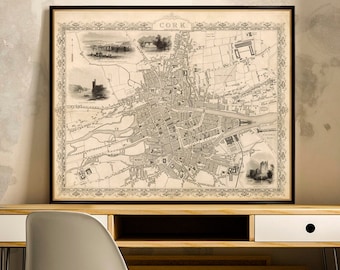 Old map of Cork, Irish history, wall art decor, restored map fine print
