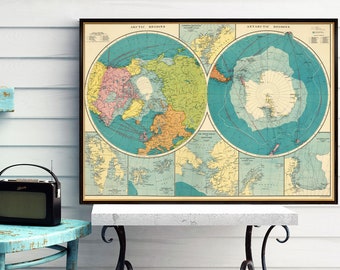 Arctica map - Antarctica map - Polar Regions map - Wall map fine print