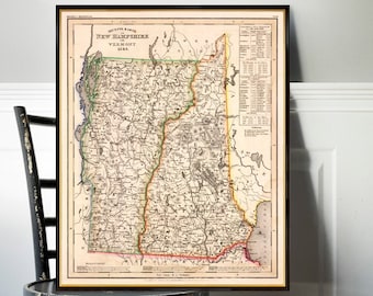 New Hampshire map, Vermont map  - Historical map restored, fine print on paper or canvas