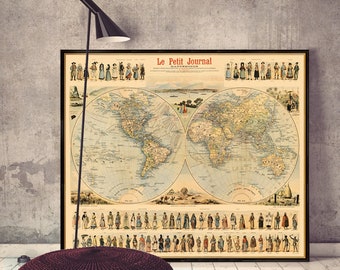 Carte Du Monde Vintage Etsy