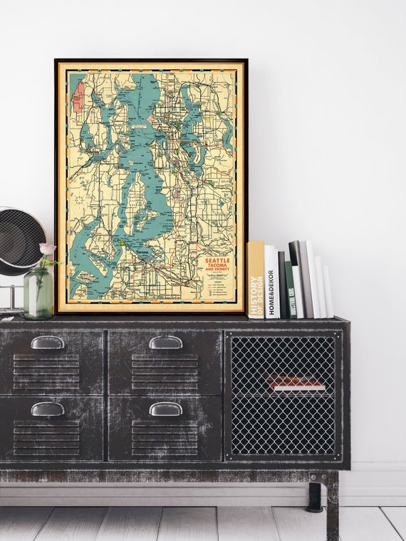 Puget Sound map from 1947, Seattle, Tacoma, Bremerton, middle century map, fully restored, archival print