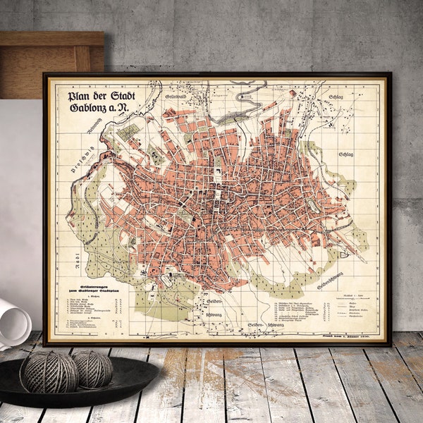 Map of  Gablonz - Jablonec nad Nisou old map - fine print on paper or canvas