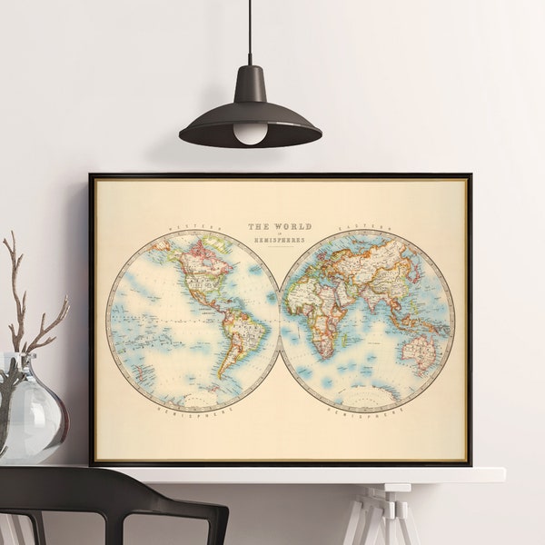 Vintage World Map | Archival Cartography of Eastern & Western Hemispheres