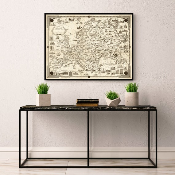 Pictorial map of Europe - Vintage map in sepia tones - Large map for wall decor available on paper or canvas