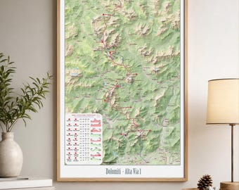 Mapa de senderismo de la Vía 1 de las Dolomitas Altas / Póster completo del sendero con perfiles de elevación, ruta de 9 días
