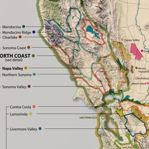 Carte des régions viticoles de Californie, régions viticoles américaines, carte détaillée, montrant toutes les régions viticoles de Californie, superbe décoration de bar/cave image 3