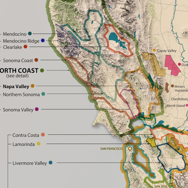 Carte des régions viticoles de Californie, régions viticoles américaines, carte détaillée, montrant toutes les régions viticoles de Californie, superbe décoration de bar/cave image 3