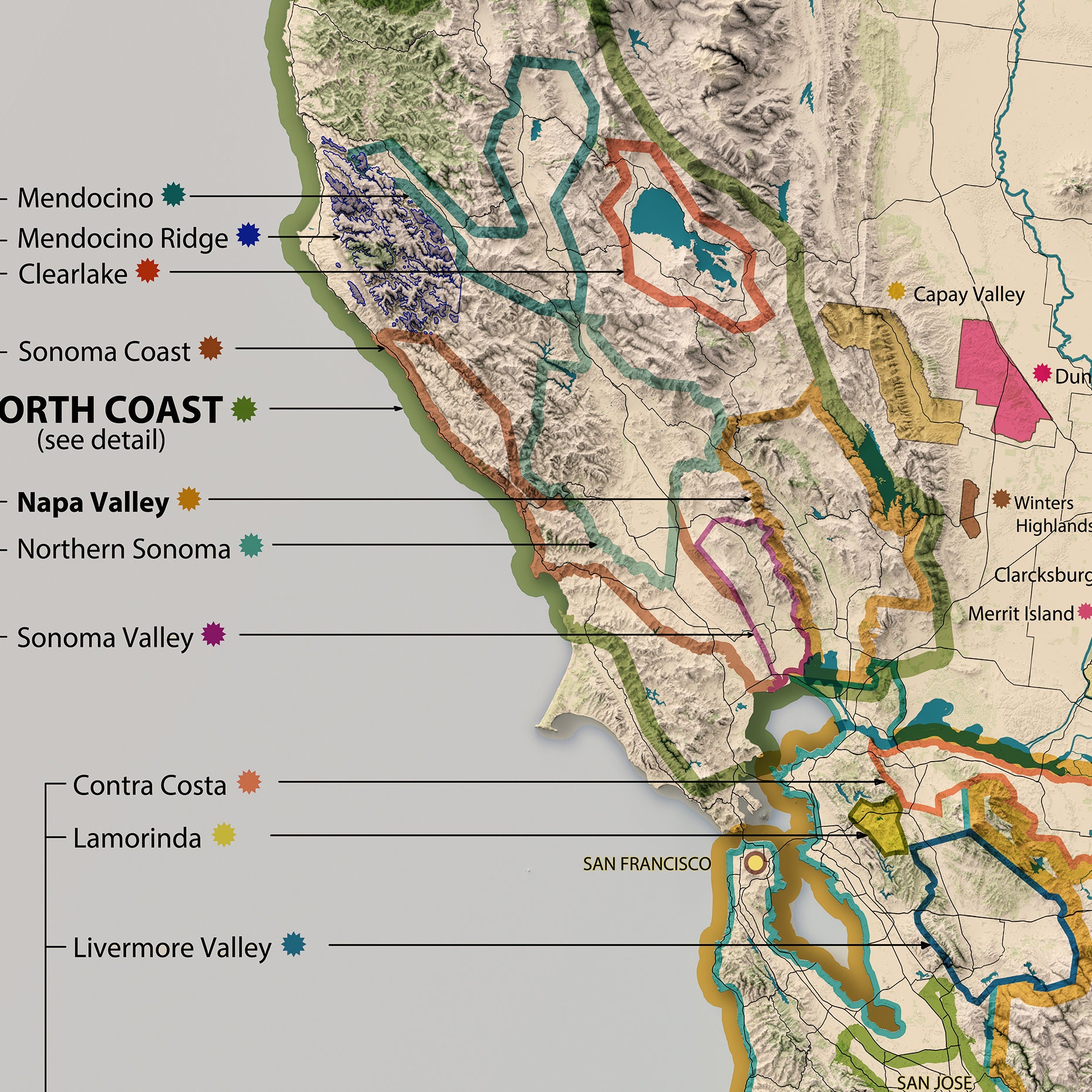 California wine regions map, American viticultural areas, detailed map 