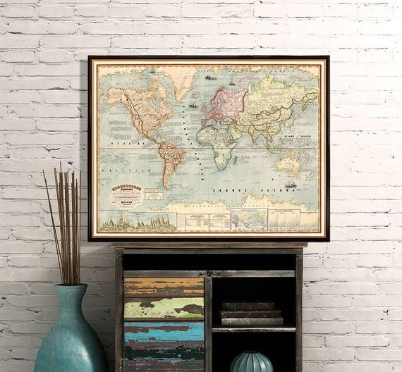 Map of the world - Decorative map - Vintage map restored - Planisferio illustrato, available on coated fine paper or matte canvas
