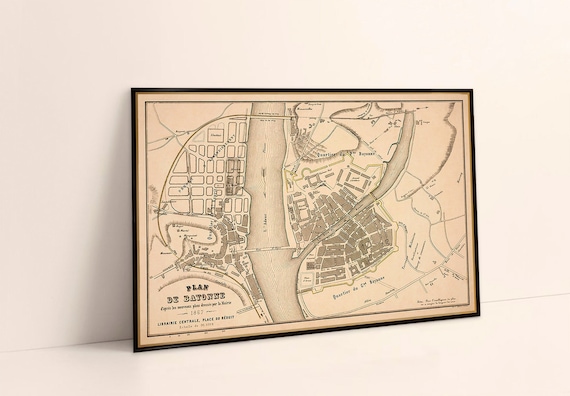 Vintage map of Bayonne (France) - Old city plan from 1867, historical map, restoration hardware decor