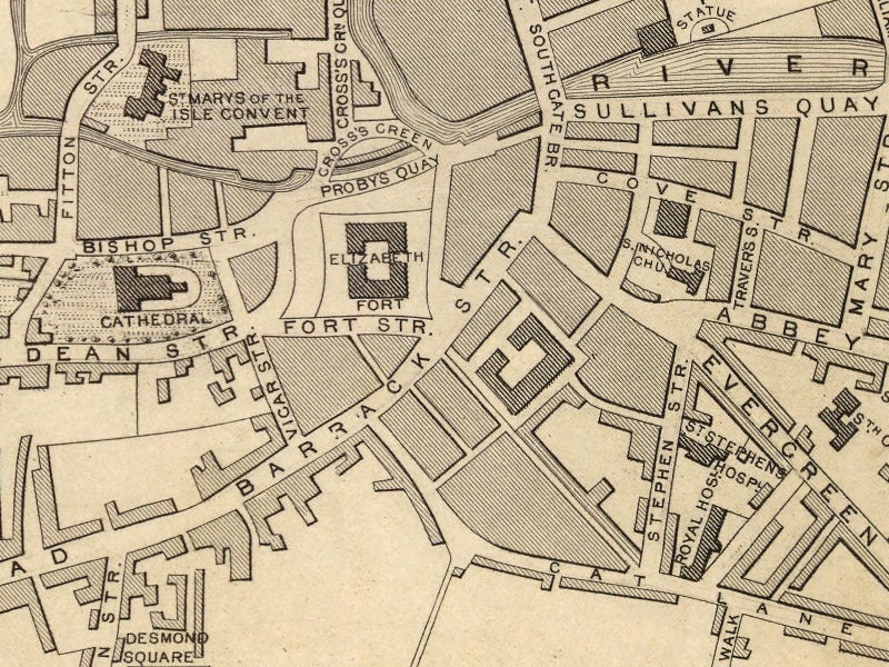 Historical map of Cork Old city map restored, fine reproduction on