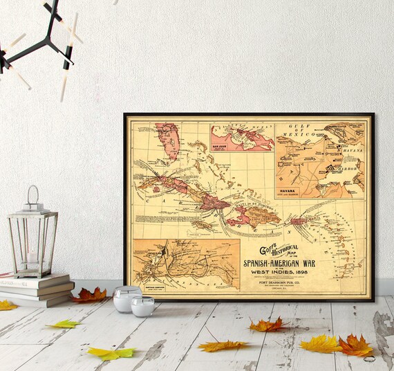 Old map  of West Indies  - Historical  map - Spanish- American War map print on paper or canvas
