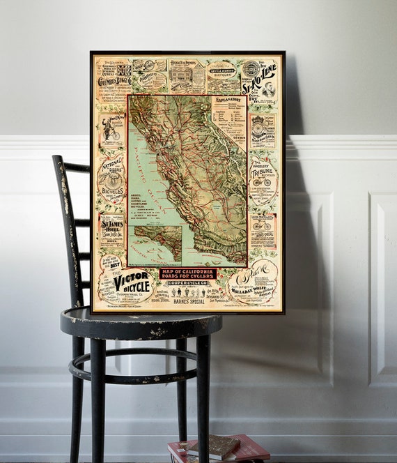 Map of California roads for cyclers -  Decorative map  with business advertise, available on paper or canvas