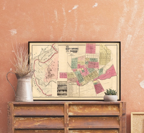 Old map of Santa Rosa (California) - Fine art reproduction - Restored map print on paper or canvas