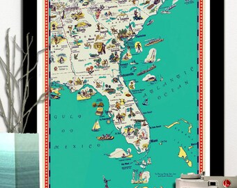 Florida map - Georgia map - South Carolina map - Illustrated map  poster -   a retro and funny map - 11x14"