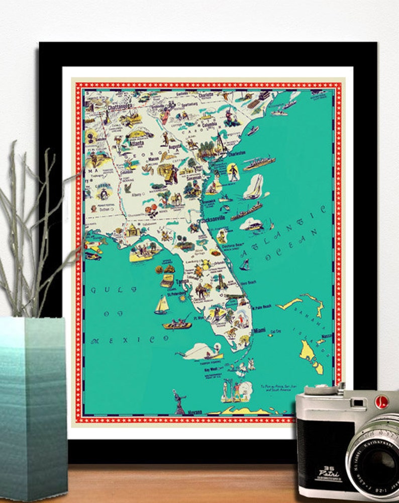 Florida map Georgia map South Carolina map Illustrated map poster a retro and funny map 11x14