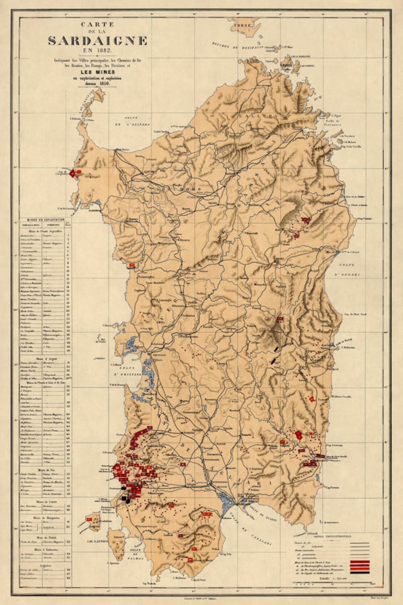Carte de la Sardaigne, ancienne carte de la Sardaigne (Italie), belle reproduction sur papier ou toile image 2