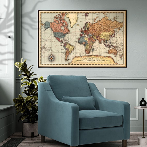 Historic map of the world from 1939, just before starting of The WW2, political world map, vintage style decor, fine art print