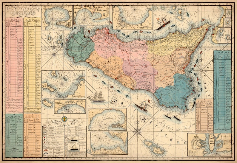 Sicily map Old map restored Vecchia mappa della Sicilia, available on paper or canvas image 2