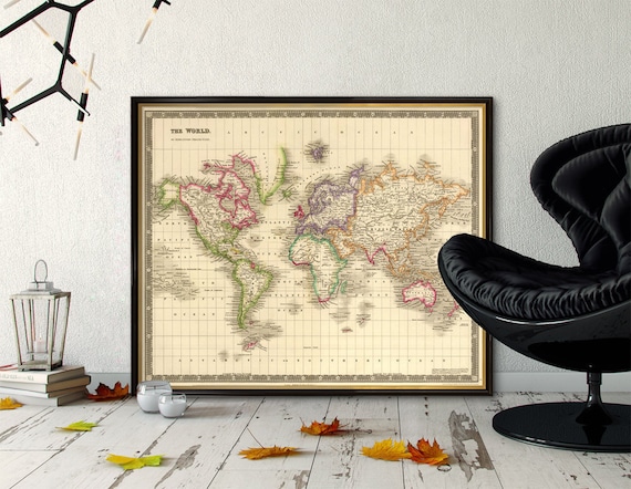 Vintage world map - Giclee print - Poster map wall decor - Map of the world from 1844 fine reproduction on paper or canvas