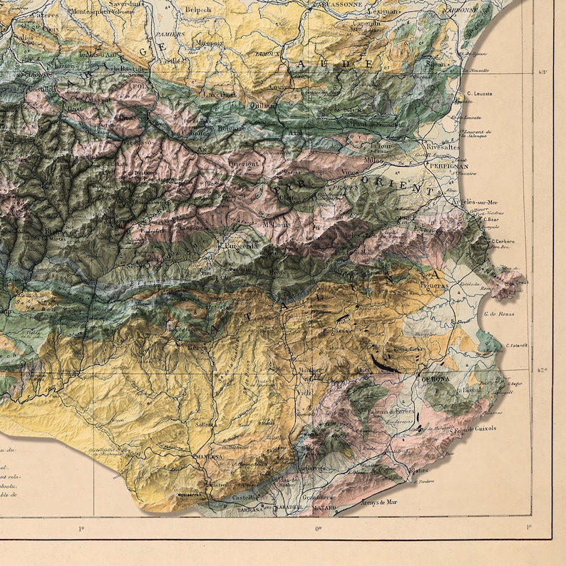 Pyrenees mountains, old geological map with a shaded relief 3D effect image 3