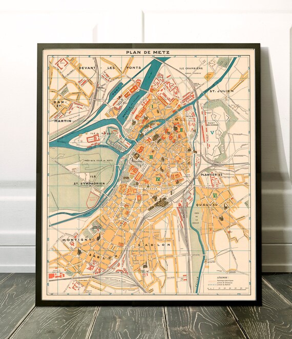 Map of Metz  (France)  - Old city plan from 1930, giclee fine print, housewarming decor idea, map gift new home