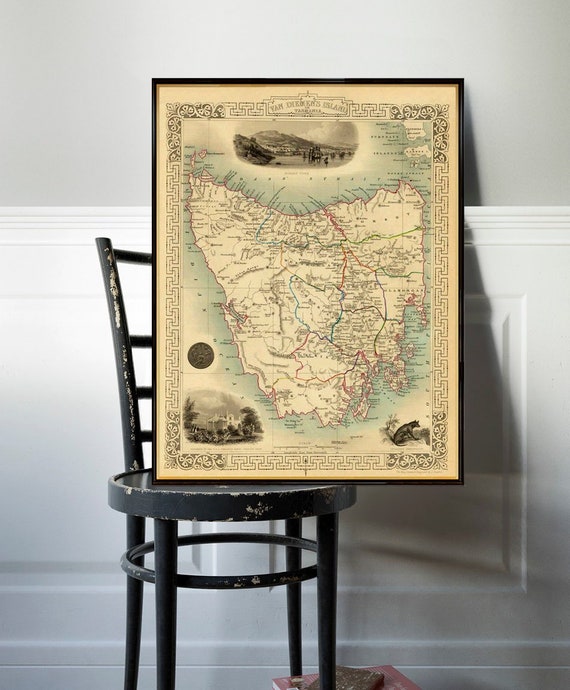 Vintage map of Tasmania  (Australia) - Van Diemen's Island poster, wall art print, Hobart Harbor illustration