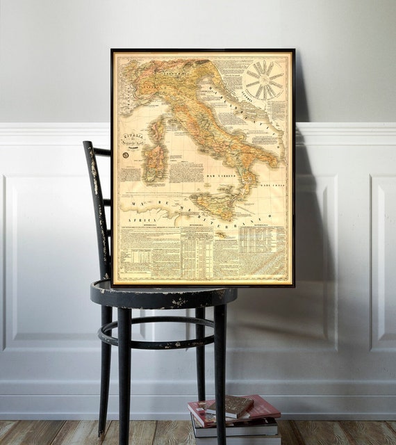 Marvelous old map of Italy - Large map from 1856, archival print, Italy vintage style map,  Corsica, Sardinia, Sicily, large map poster