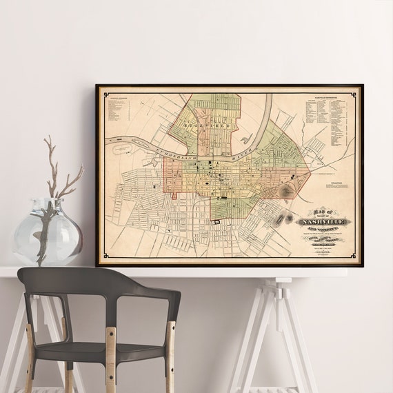 Nashville map, old city map print, Nashville and vicinity, The Music City, hometown gift idea, restored vintage map