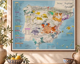 Mapa de las regiones vinícolas de España, póster topográfico de viñedos españoles, lámina con el mapa de los terruños ibéricos, regalo para sumilleres