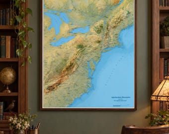 May include: A rectangular wall map print featuring a detailed topographic relief of the Appalachian Mountains and the Atlantic coastline. The map displays blue water bodies, green landmasses, and brown mountain ranges with the text Appalachian Mountains.