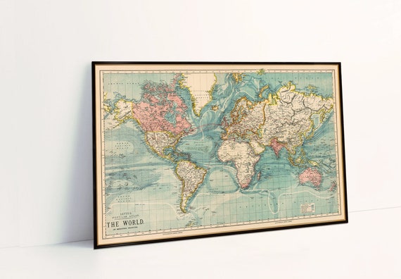 Map of the world, decorative wall map, housewarming decor, cartography art