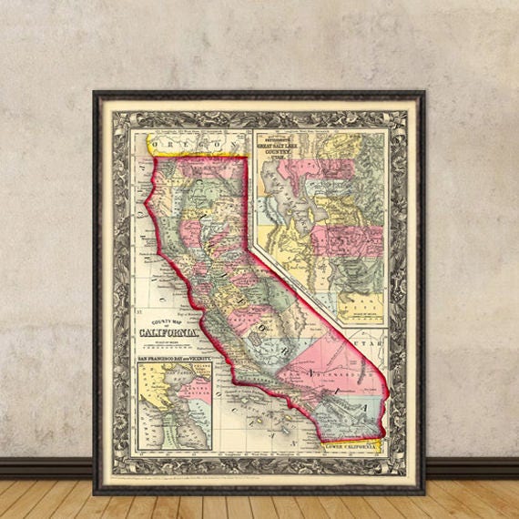 California map  - Old map of California fine reproduction - Published in  1860, available on paper or canvas