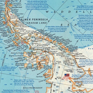 Carte vintage de l'Antarctique, carte des expéditions au pôle Sud, montrant les routes de Scott, Amundsen et Shackleton, impression de carte murale image 3