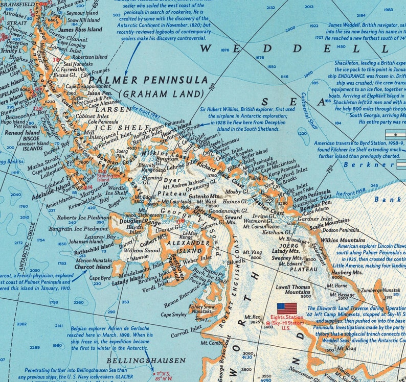 Carte vintage de l'Antarctique, carte des expéditions au pôle Sud, montrant les routes de Scott, Amundsen et Shackleton, impression de carte murale image 3