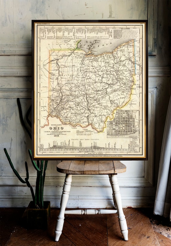 Ohio map - Historical map restored, Buckeye State antique style large map, poster map  fine print