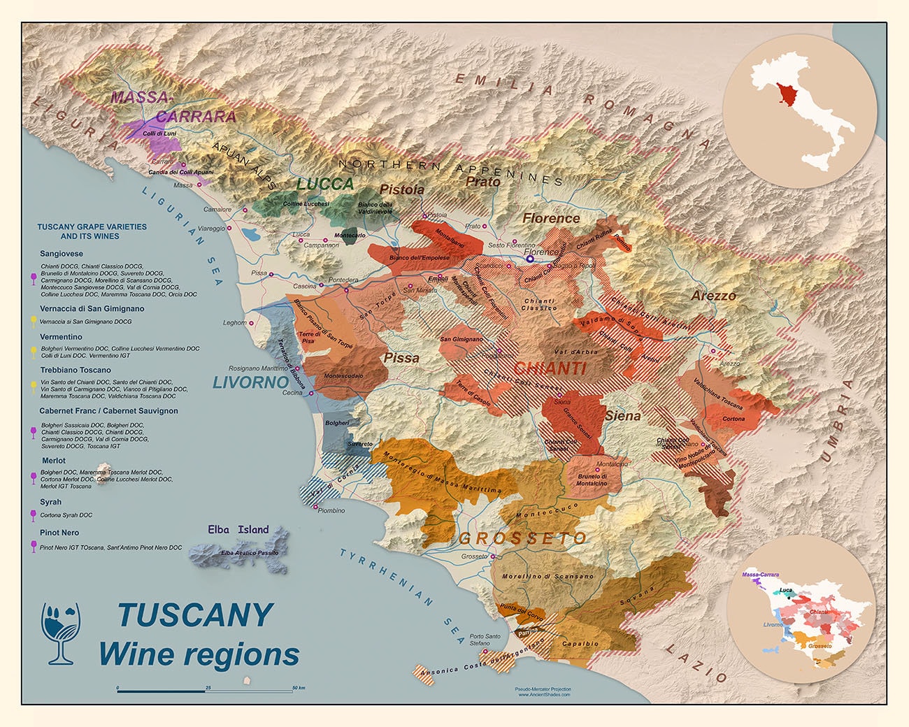 Tuscany Wine Regions Map | Chianti Country Wall Art | Vineyards Guide Print  - Etsy Israel, image size:1300x1040