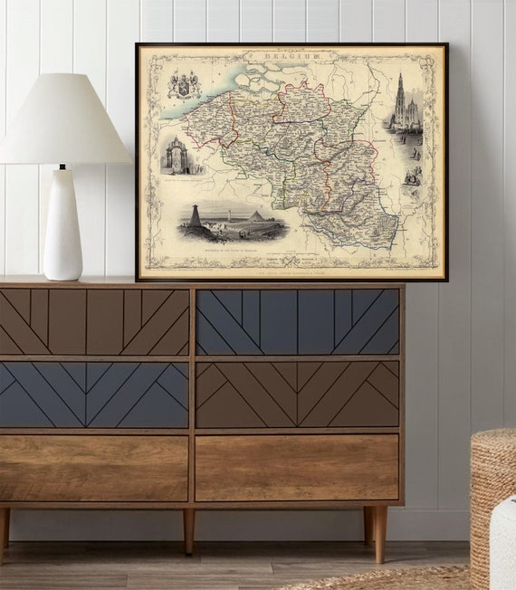 Belgium map, old map restored, vintage city plan, wall art decor, Belgium in 19th century