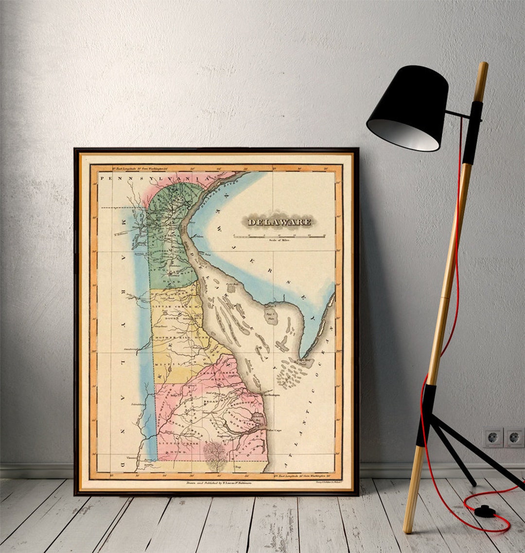 Map of Delaware Old Delaware Map Reproductio on Fine Coated