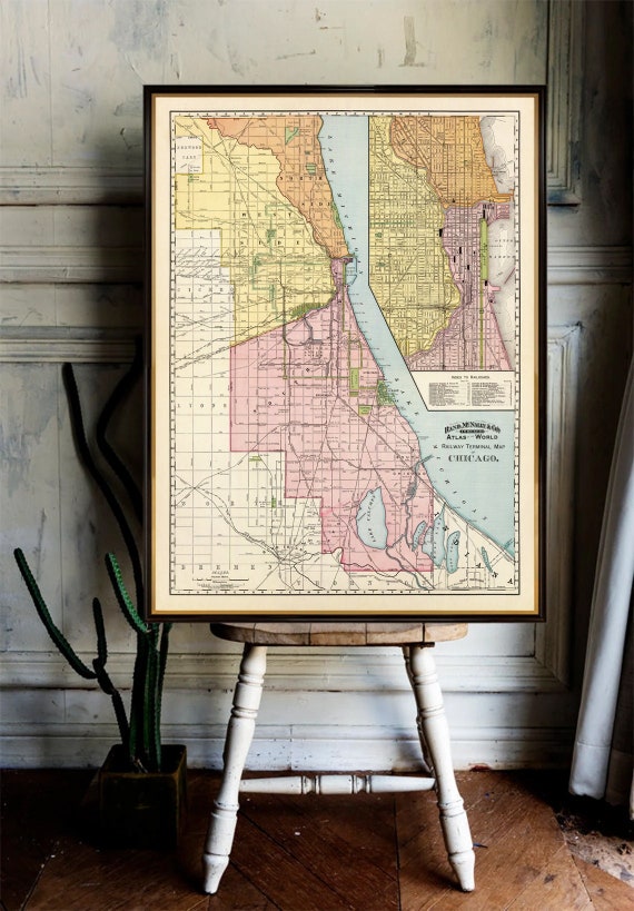 Map of Chicago print, wonderful map of Chicago from 1897, large poster decor