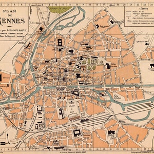 Carte de Rennes, plan de la ville de Rennes, carte vintage, carte murale art déco image 2